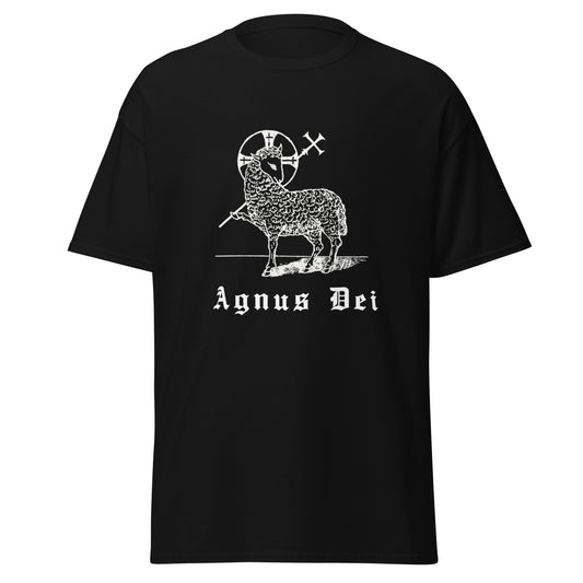Black classic tee front view with the Lamb of God and latin phrase agnus dei printed on chest
