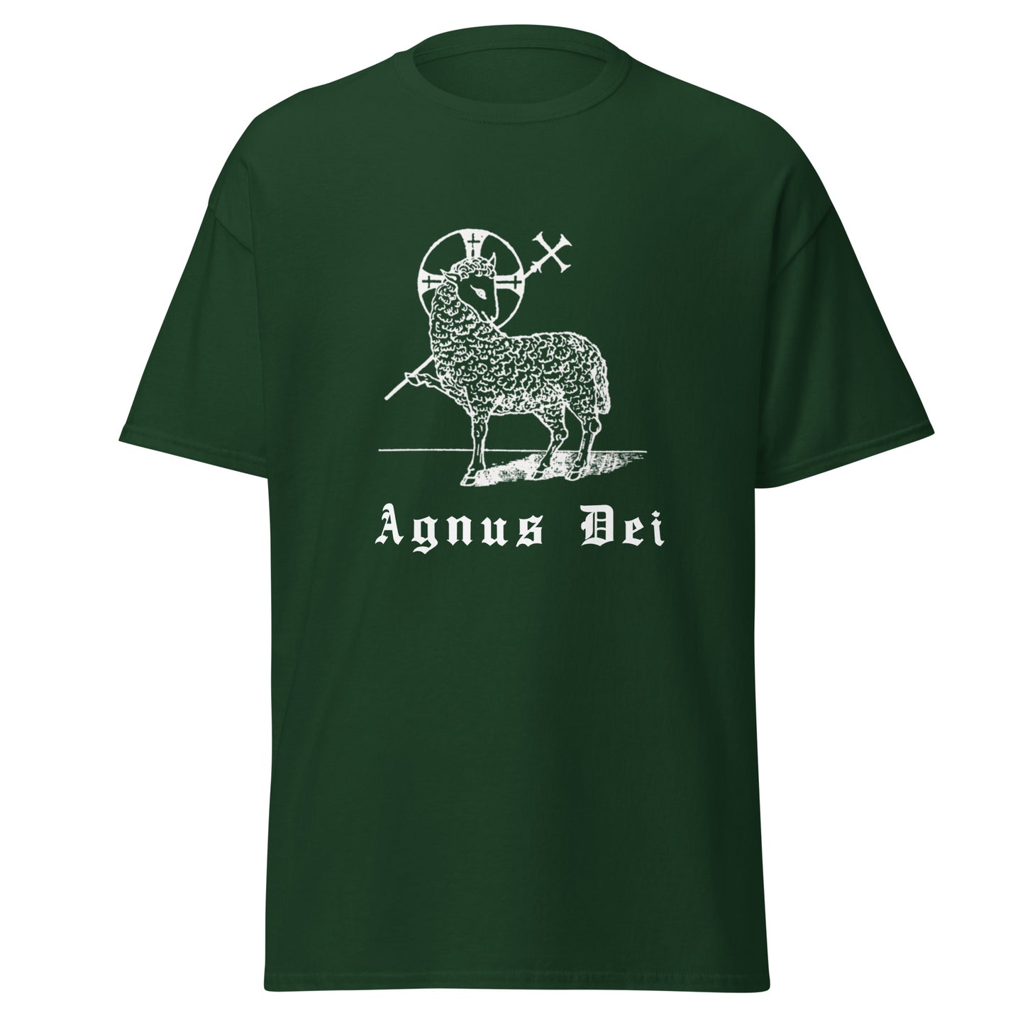 Dark green classic tee front view with the Lamb of God and latin phrase agnus dei printed on chest