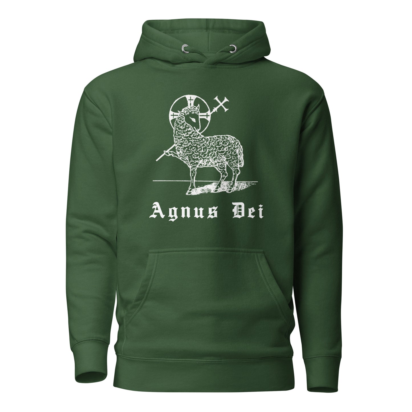 Green hoodie front view with the Lamb of God and latin phrase agnus dei printed on chest