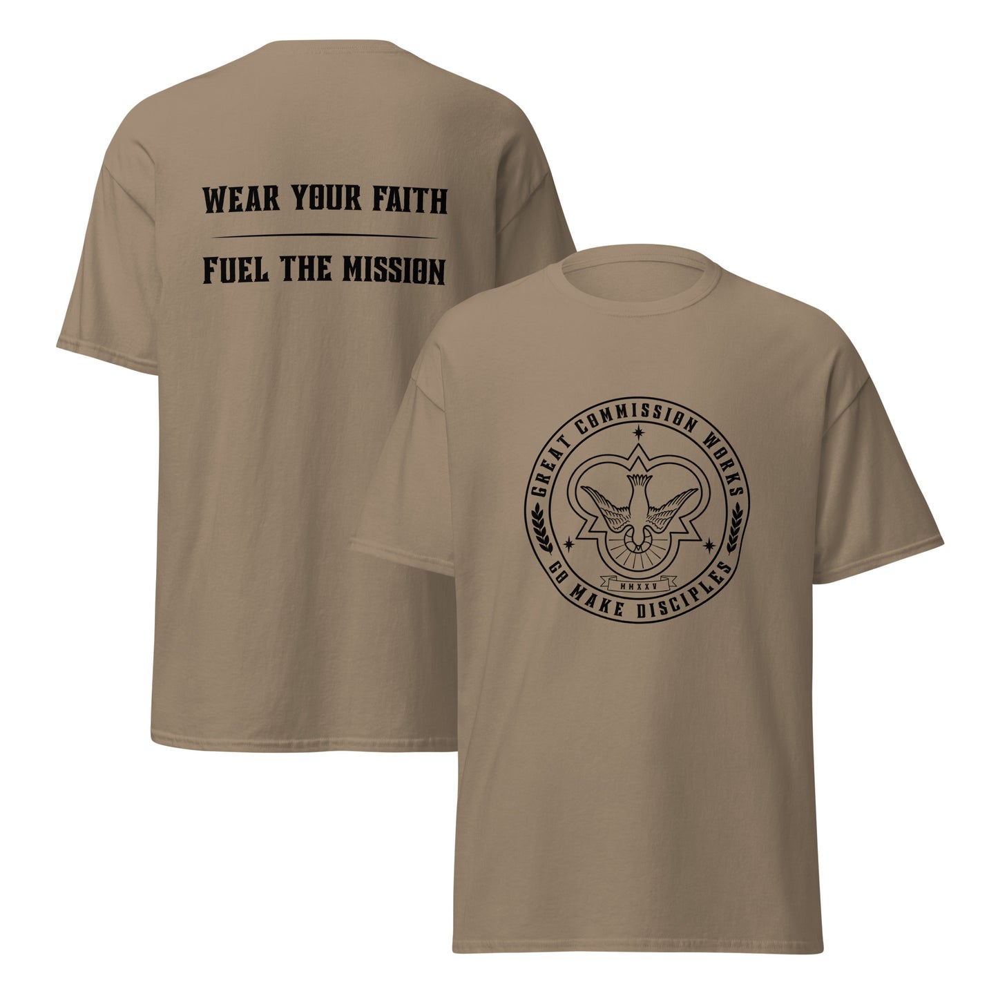 Brown Classic tee with logo printed on chest and slogan printed on back