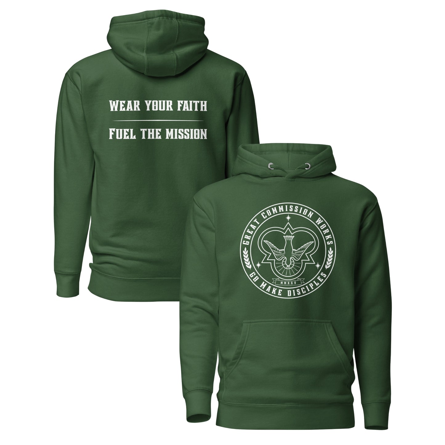 Green Hoodie with logo printed on chest and slogan printed on back