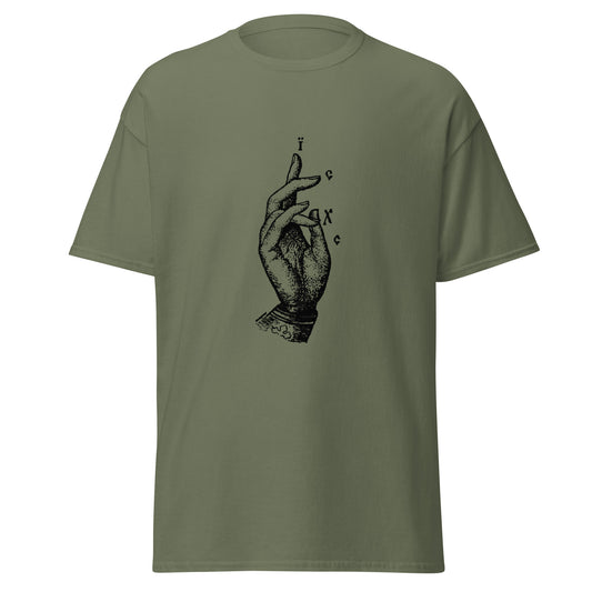 Green classic tee front view with the Jesus Christ hand gesture printed on chest