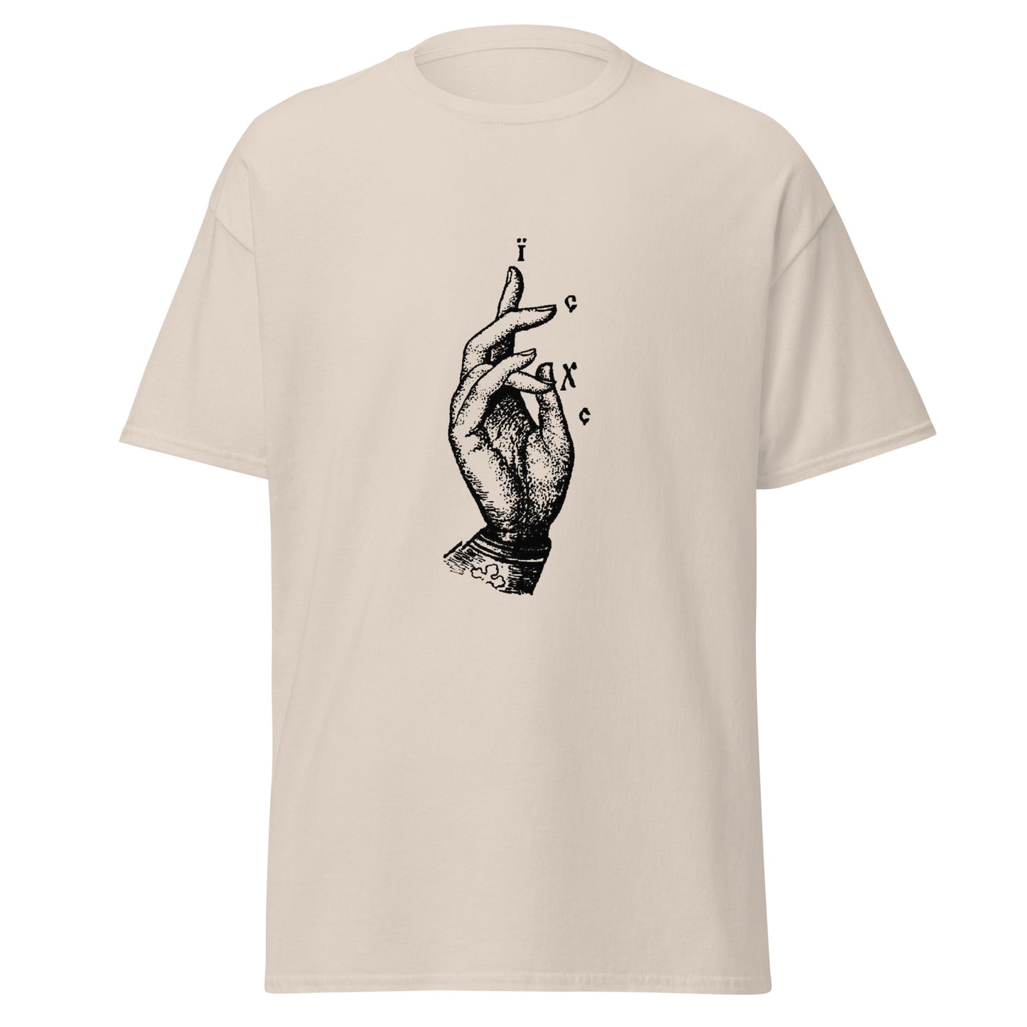 Off white classic tee front view with the Jesus Christ hand gesture printed on chest