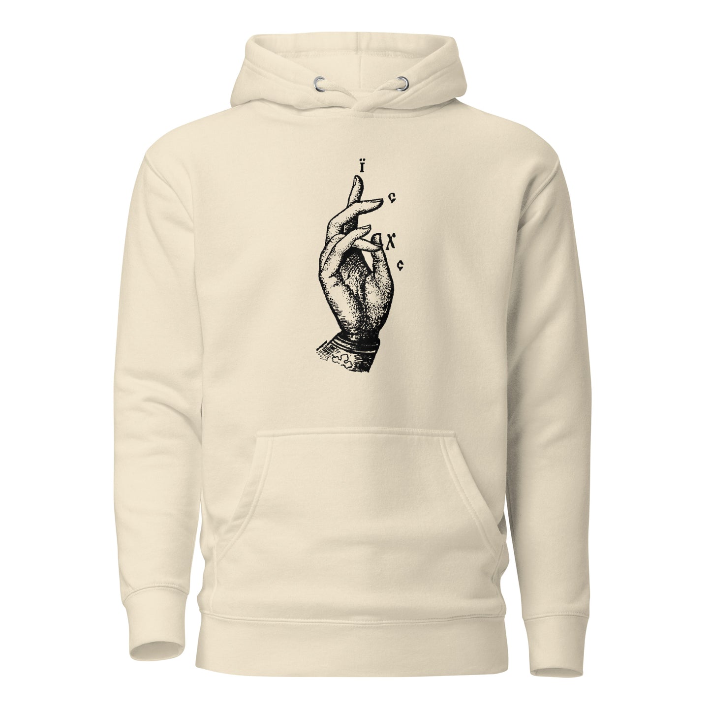 Off white hoodie front view with the Jesus Christ hand gesture printed on chest