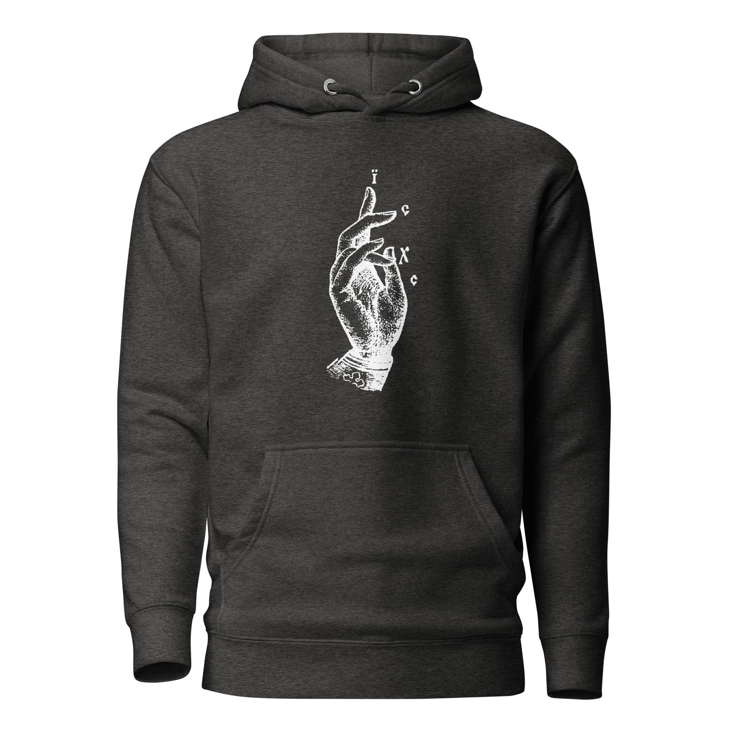 Dark grey hoodie front view with the Jesus Christ hand gesture printed on chest