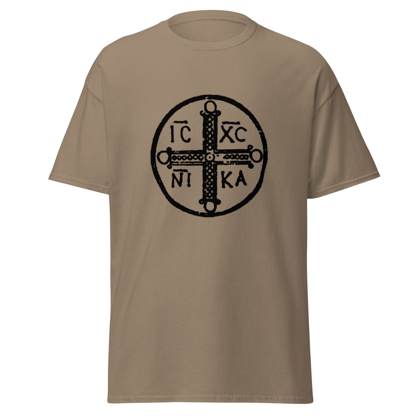 Brown classic tee front view with ancient christogram printed on chest