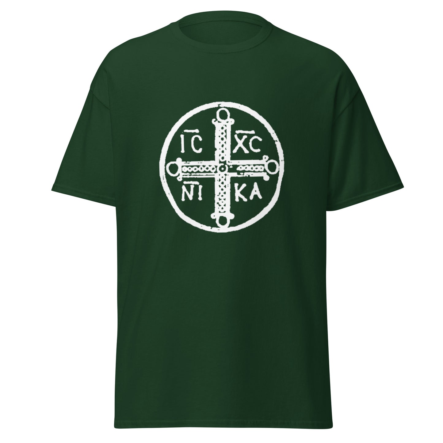 Dark green classic tee front view with ancient christogram printed on chest