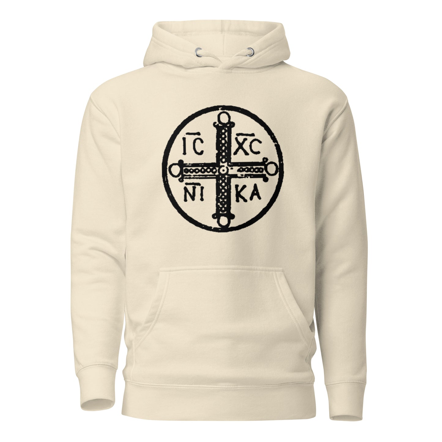 Off white hoodie front view with ancient christogram printed on chest