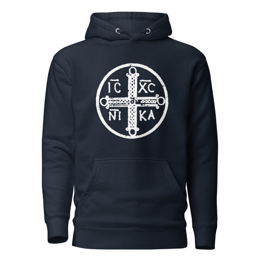 Navy hoodie front view with ancient christogram printed on chest