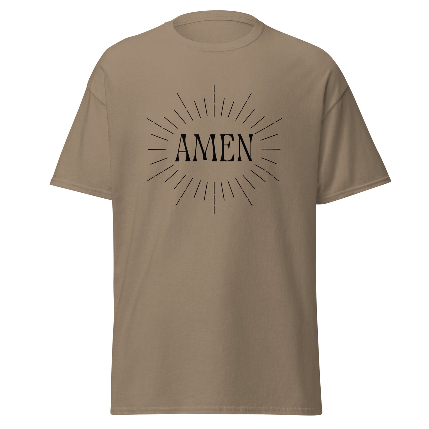 Brown classic tee front view with the word AMEN printed on chest