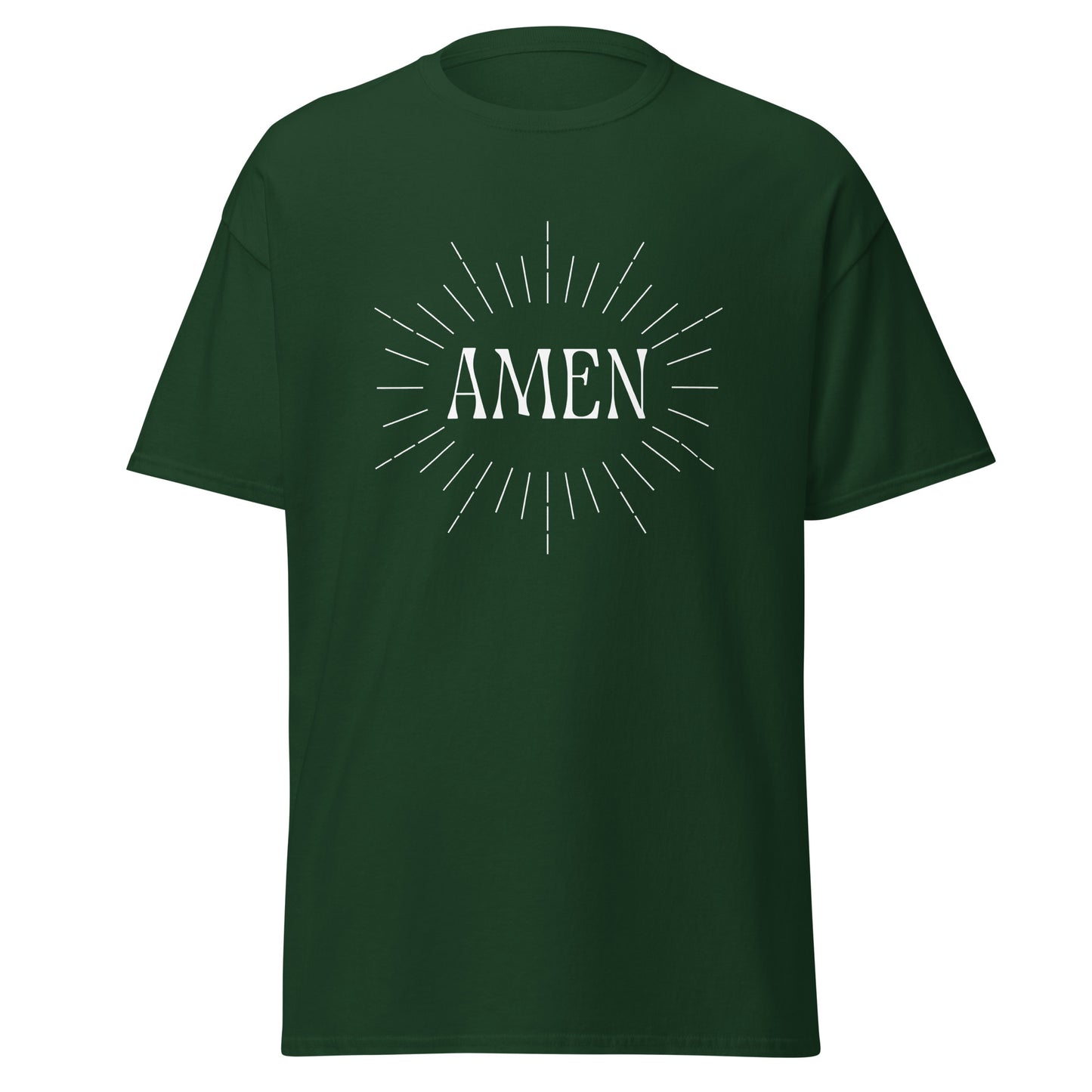 Dark Green classic tee front view with the word AMEN printed on chest