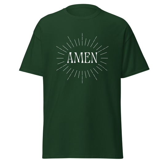 Dark Green classic tee front view with the word AMEN printed on chest