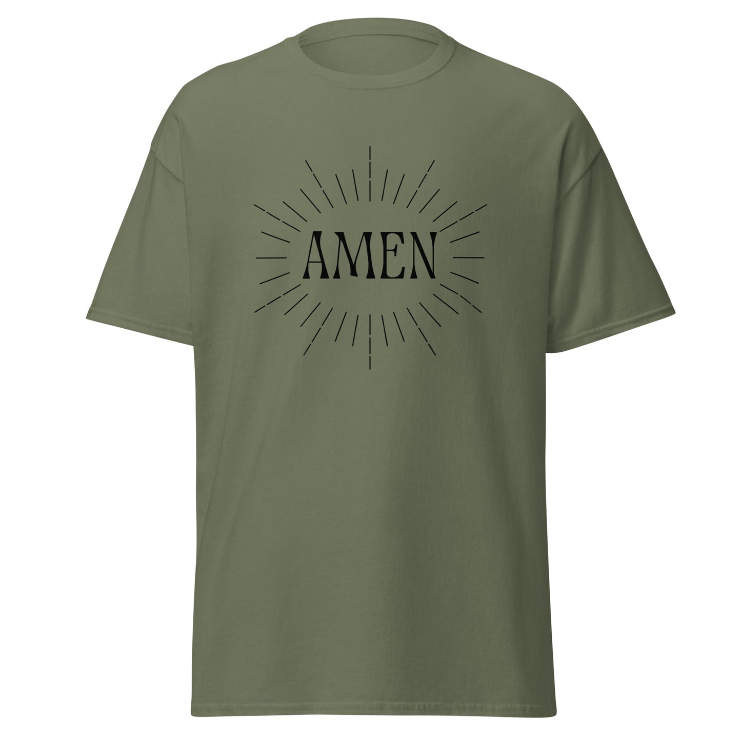 Green classic tee front view with the word AMEN printed on chest