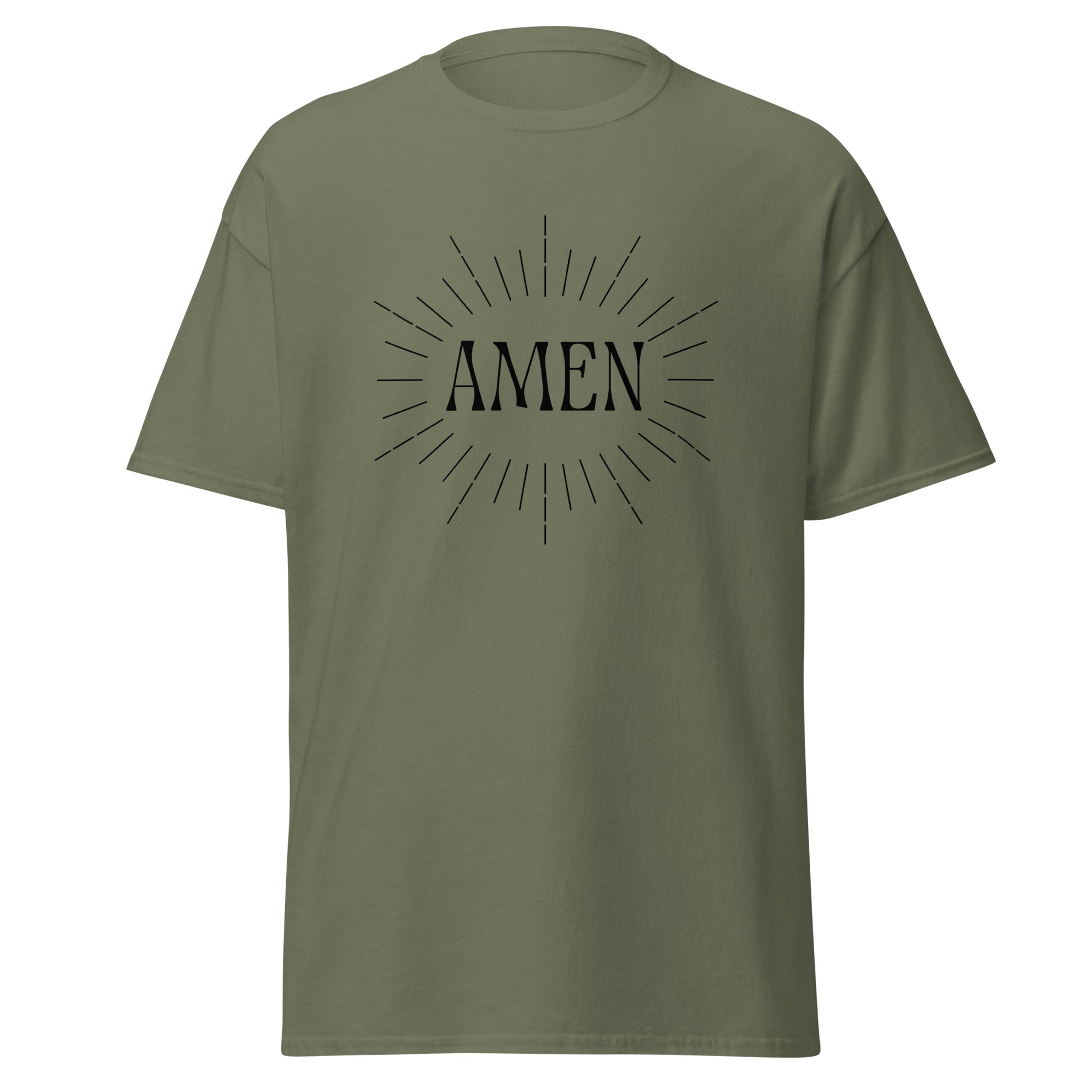 Green classic tee front view with the word AMEN printed on chest