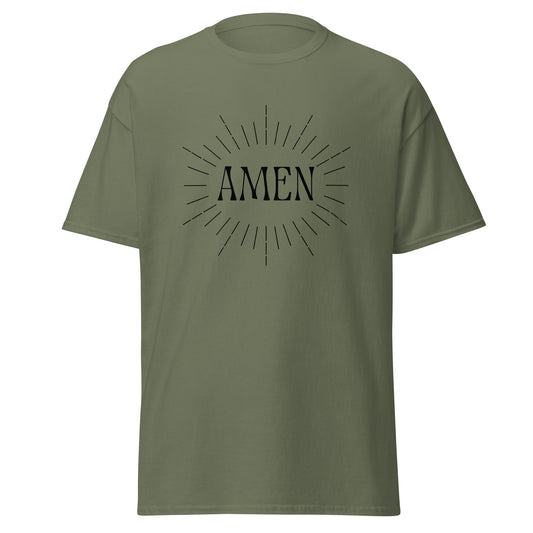 Green classic tee front view with the word AMEN printed on chest