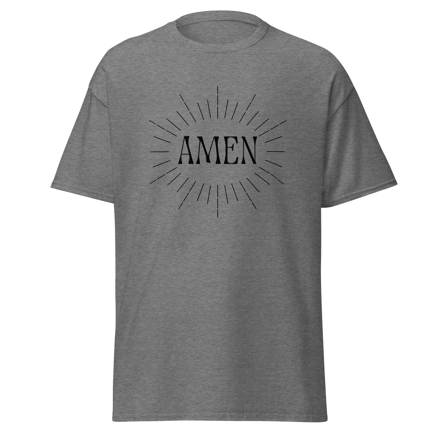 Grey classic tee front view with the word AMEN printed on chest