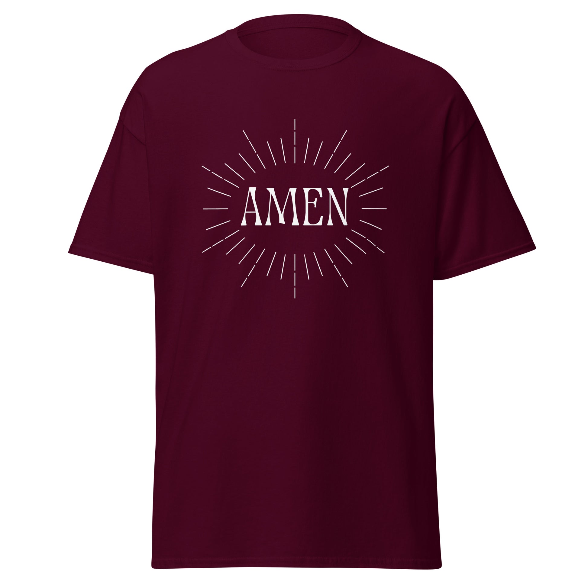 Maroon classic tee front view with the word AMEN printed on chest