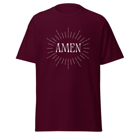 Maroon classic tee front view with the word AMEN printed on chest