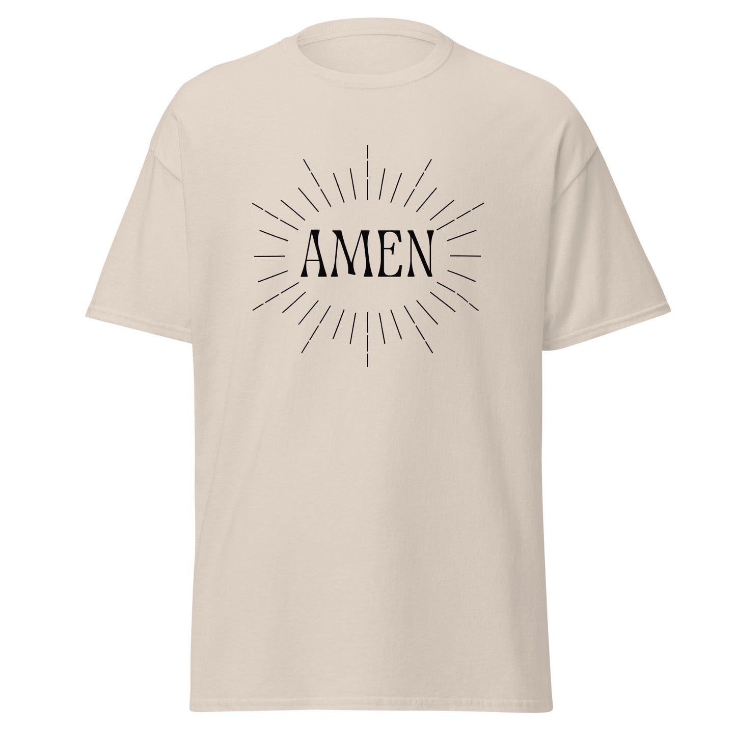Off white classic tee front view with the word AMEN printed on chest