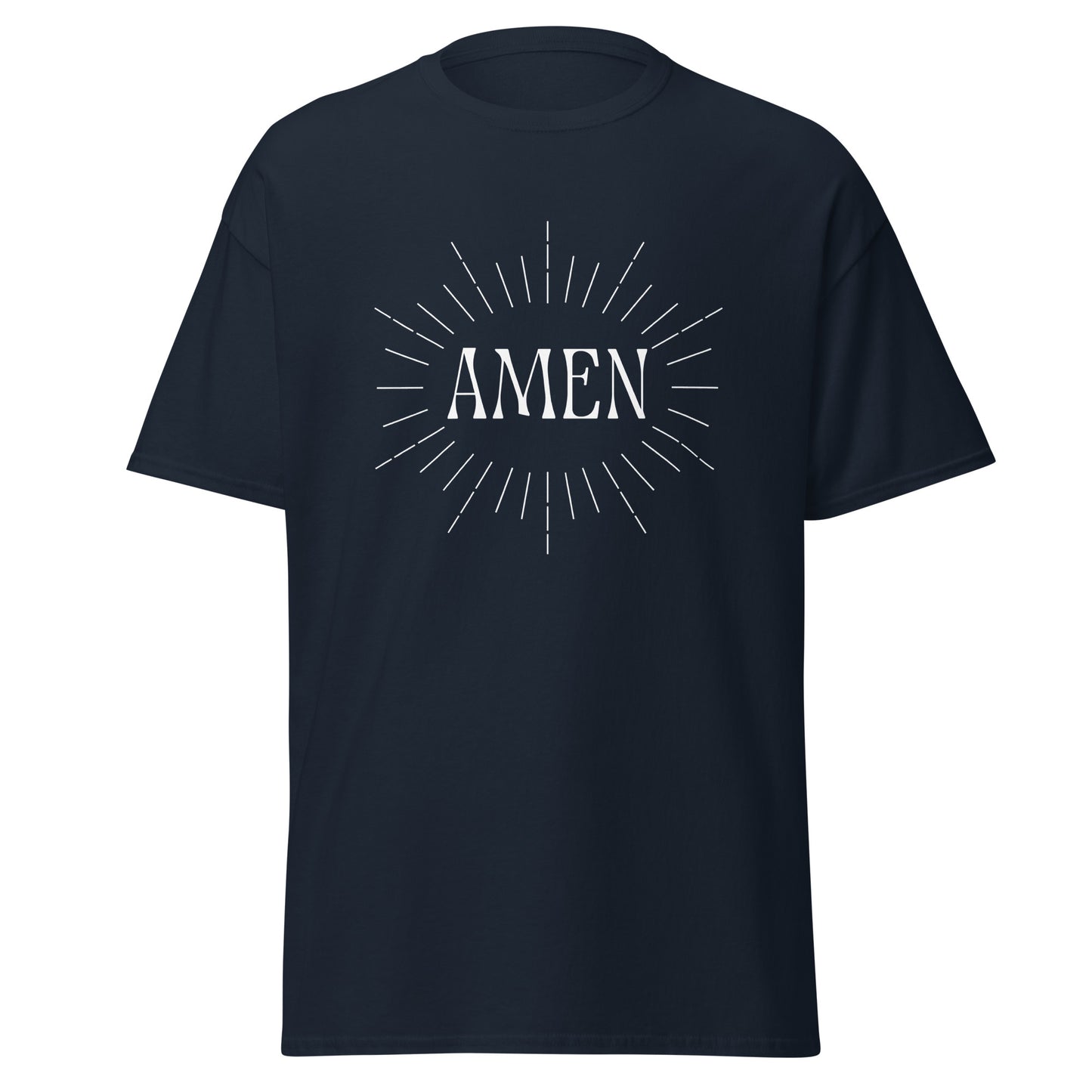 Navy classic tee front view with the word AMEN printed on chest