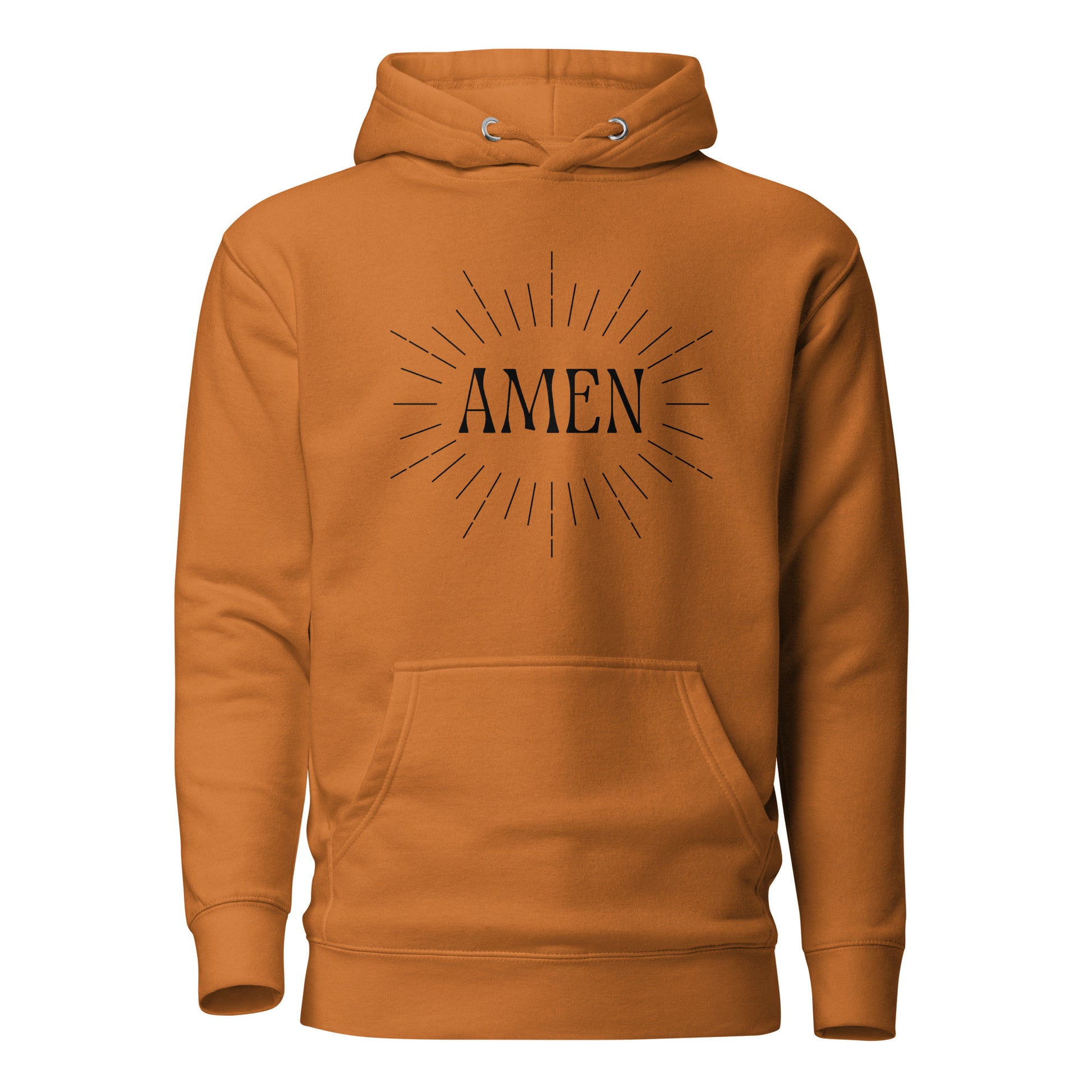 Orange hoodie front view with the word AMEN printed on chest