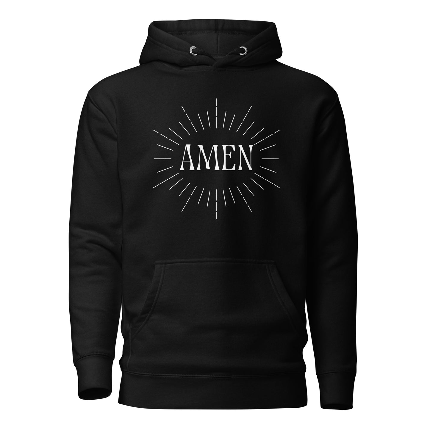 Black hoodie front view with the word AMEN printed on chest
