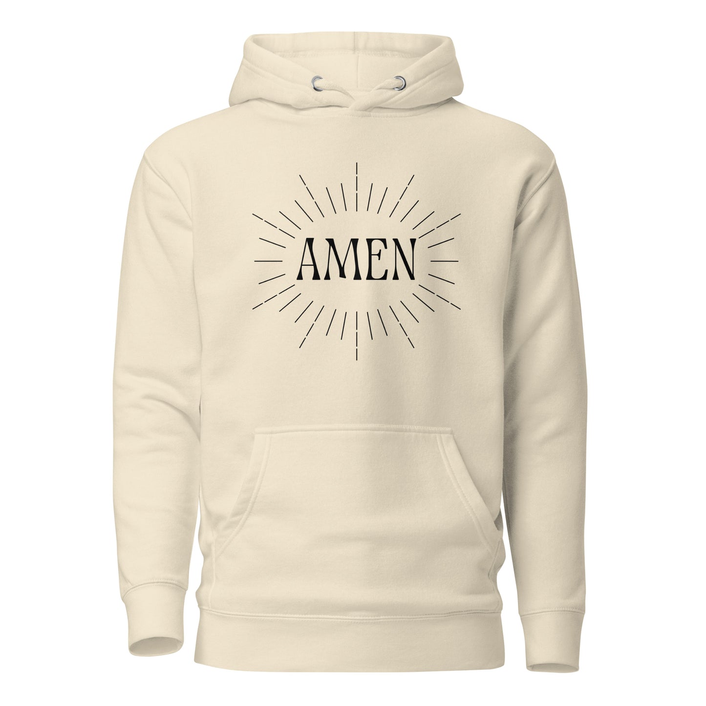 Off white hoodie front view with the word AMEN printed on chest