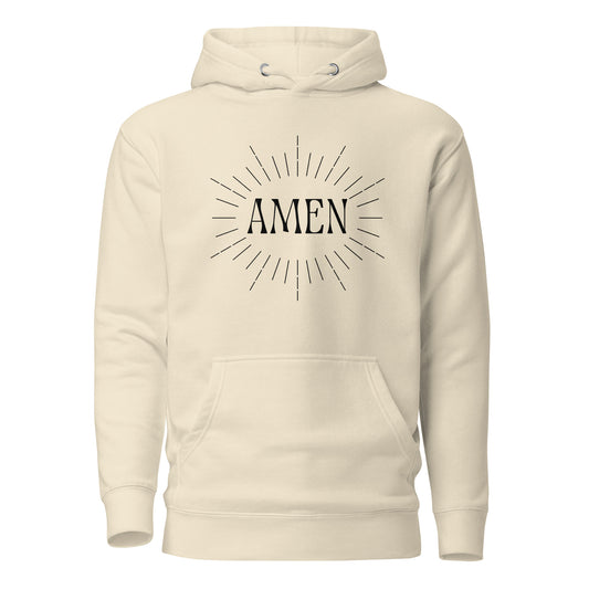 Off white hoodie front view with the word AMEN printed on chest