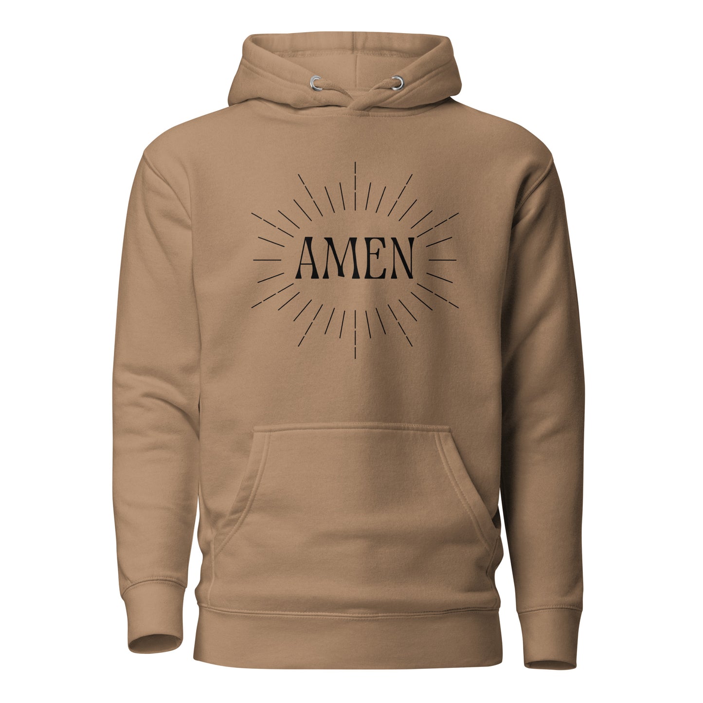 Brown hoodie front view with the word AMEN printed on chest