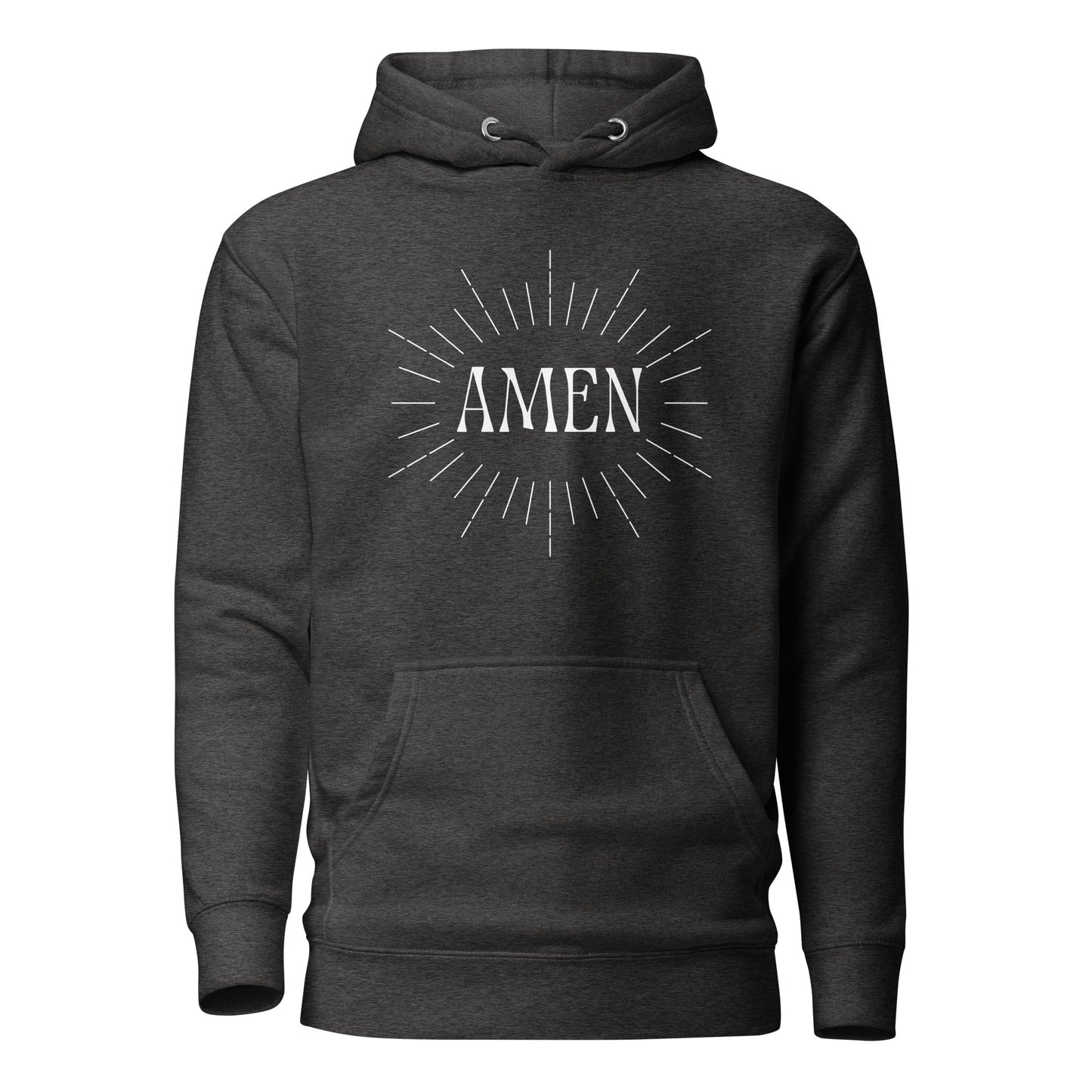 Dark Grey hoodie front view with the word AMEN printed on chest