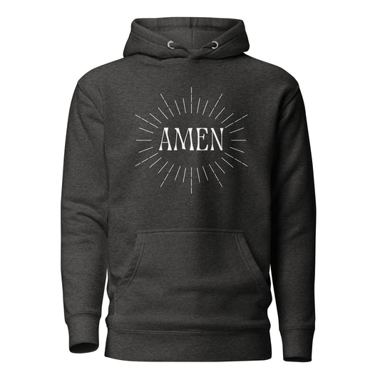 Dark Grey hoodie front view with the word AMEN printed on chest