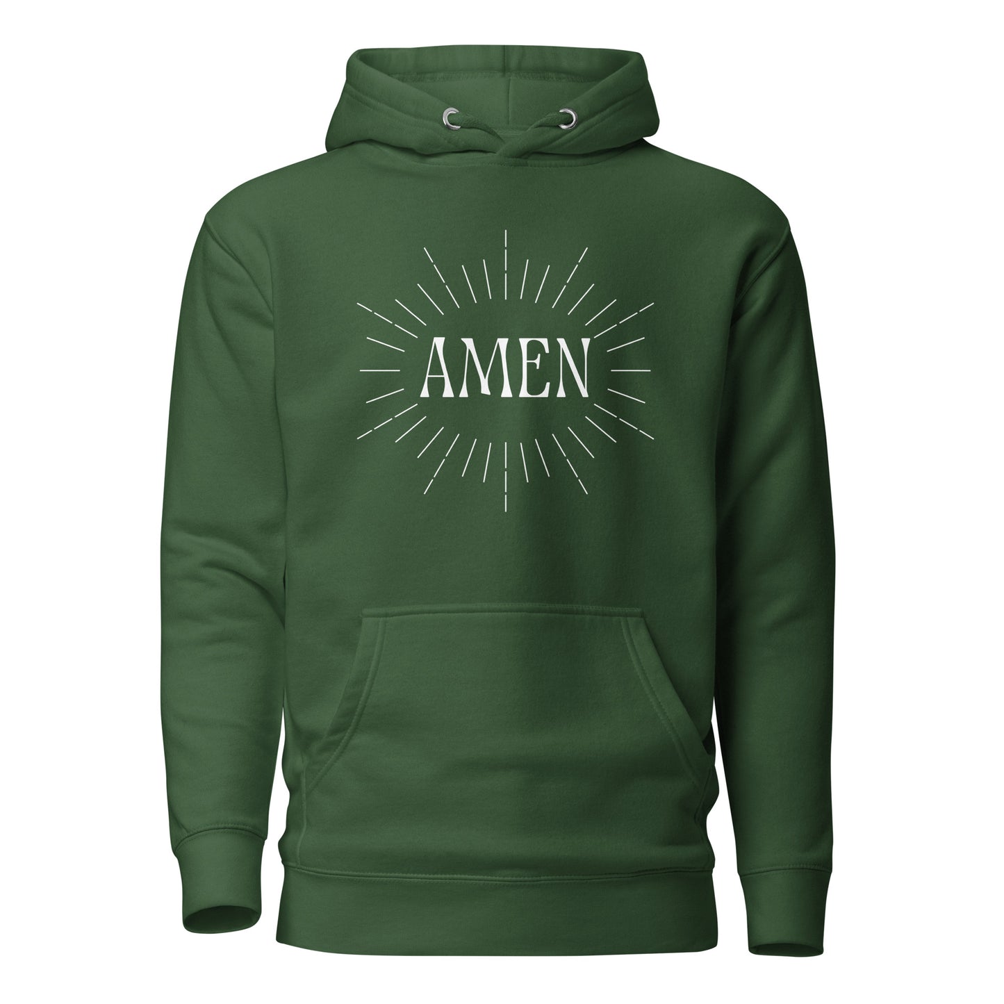 Green hoodie front view with the word AMEN printed on chest