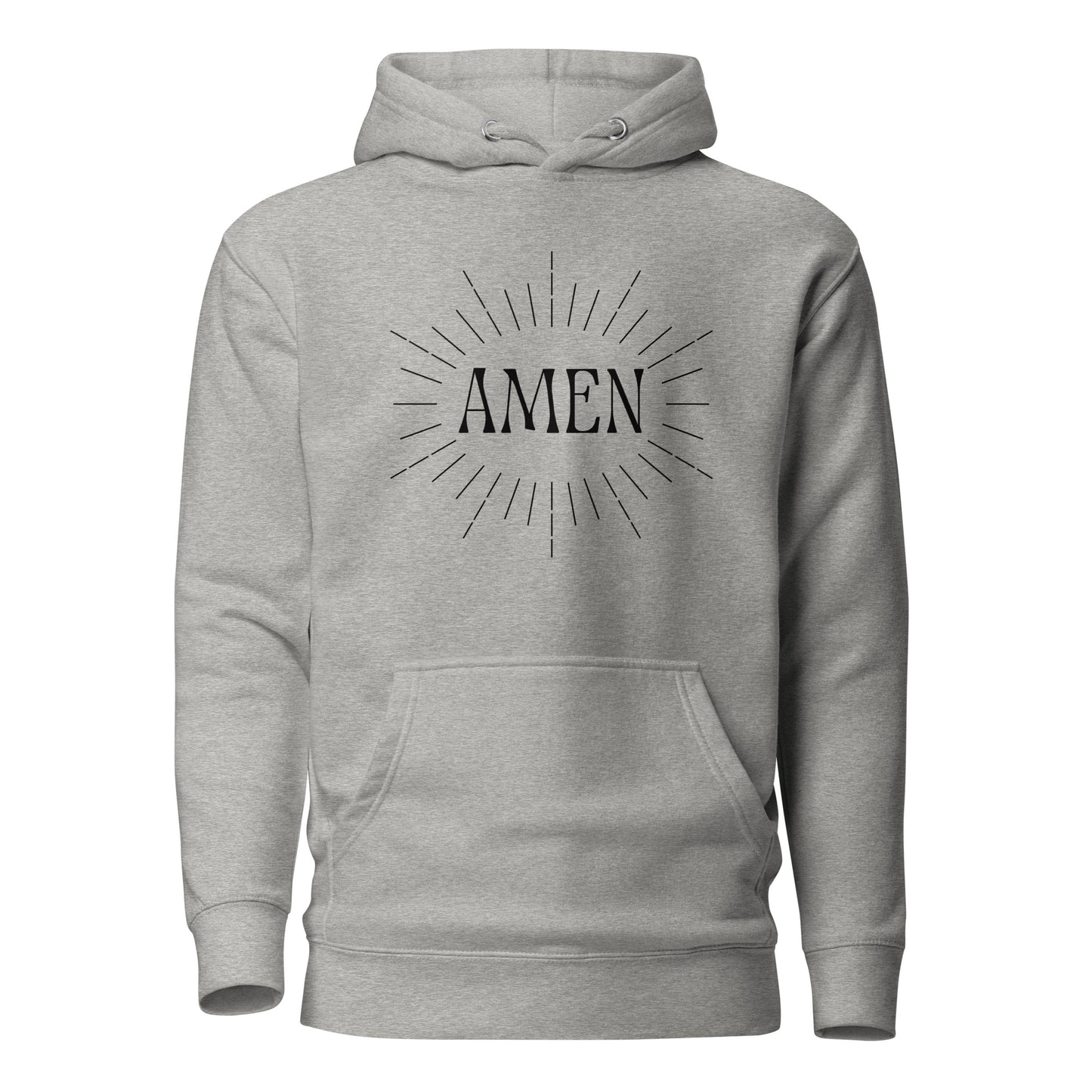 Grey hoodie front view with the word AMEN printed on chest
