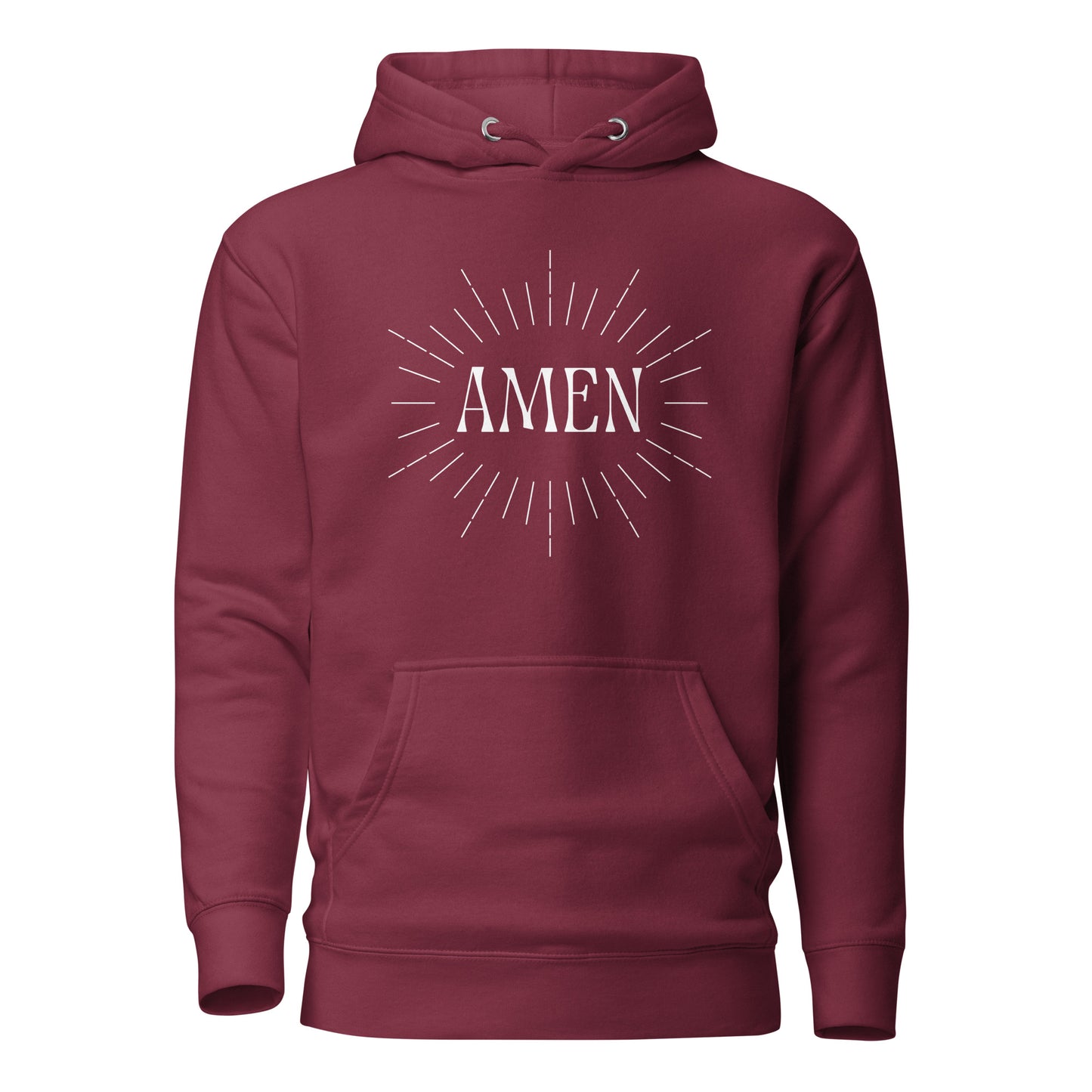 Maroon hoodie front view with the word AMEN printed on chest