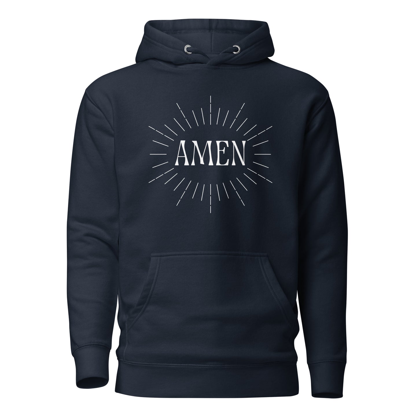 Navy hoodie front view with the word AMEN printed on chest