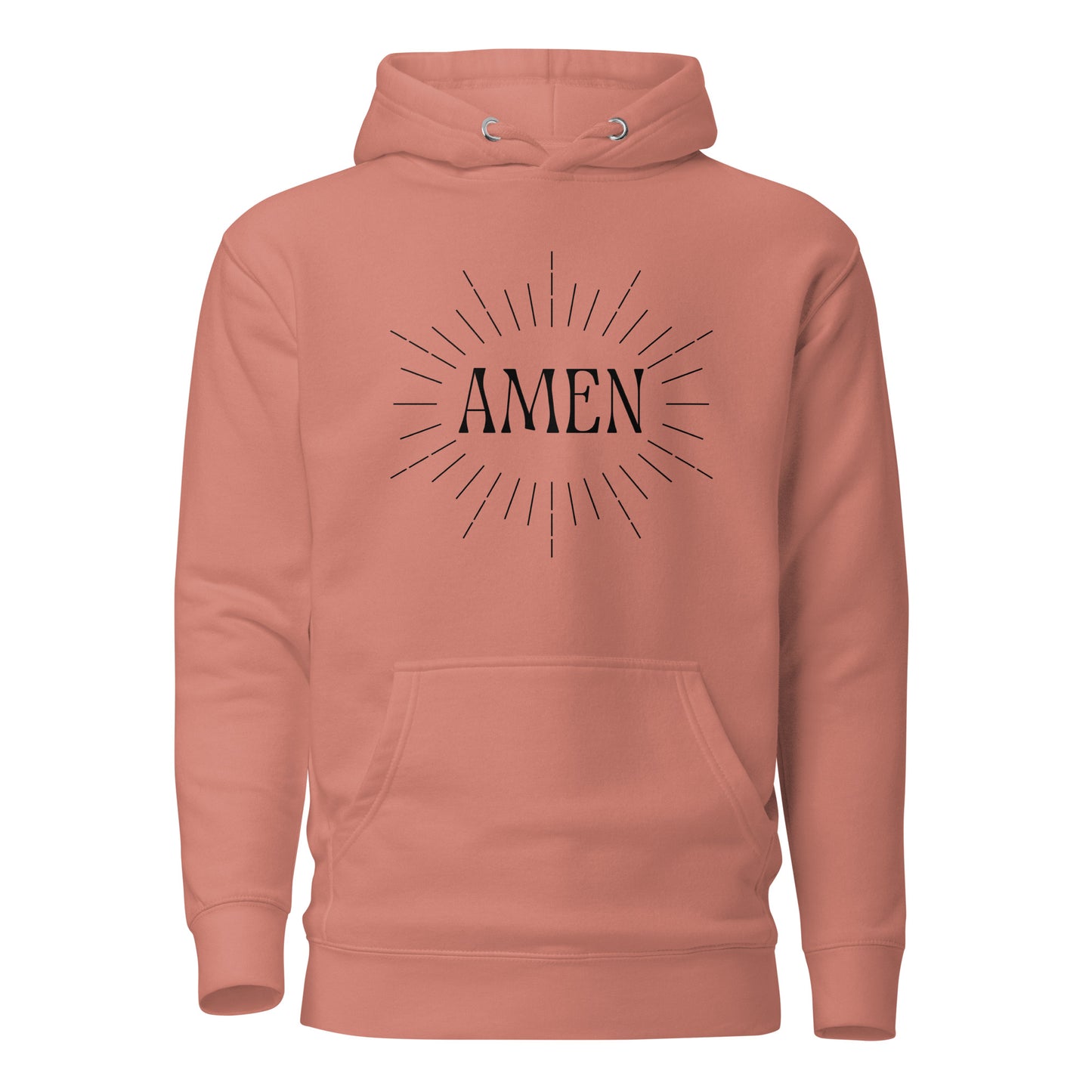 Rose hoodie front view with the word AMEN printed on chest