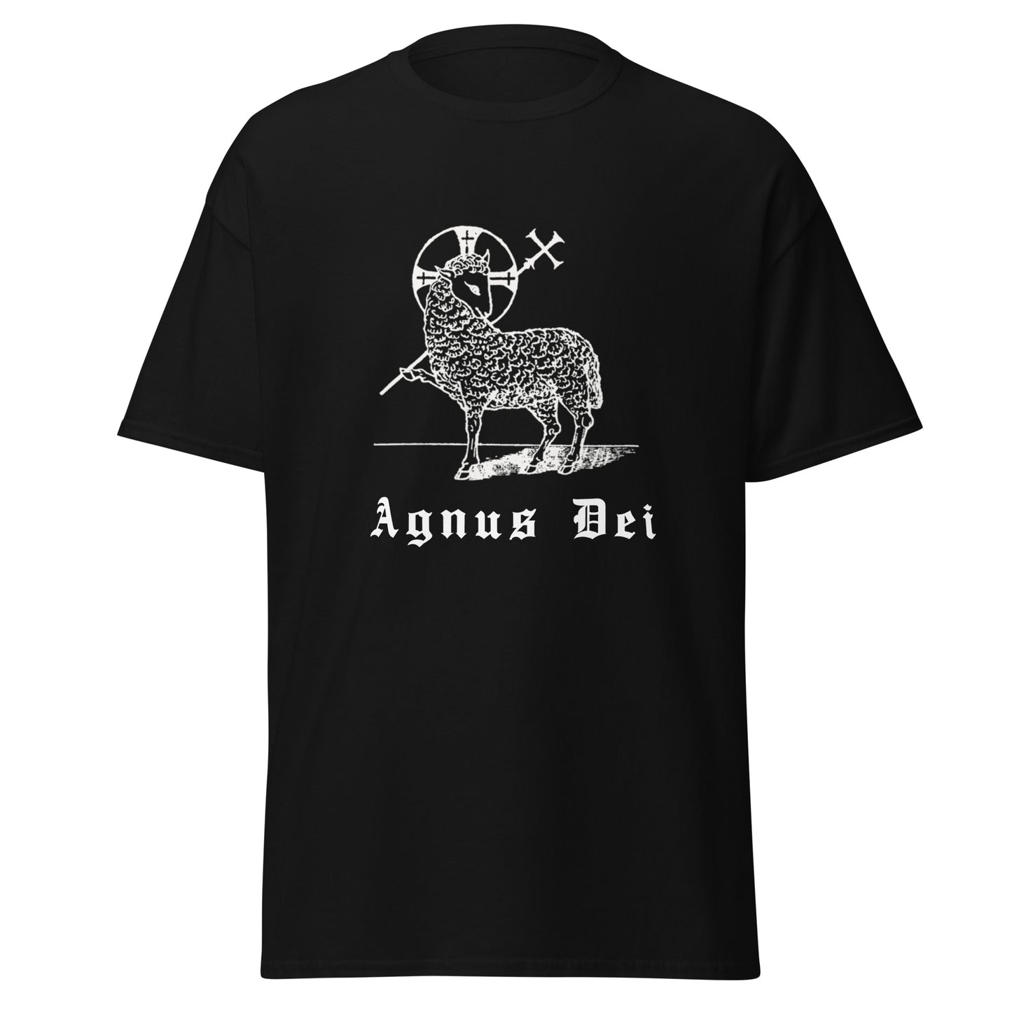 Black classic tee front view with the Lamb of God and latin phrase agnus dei printed on chest