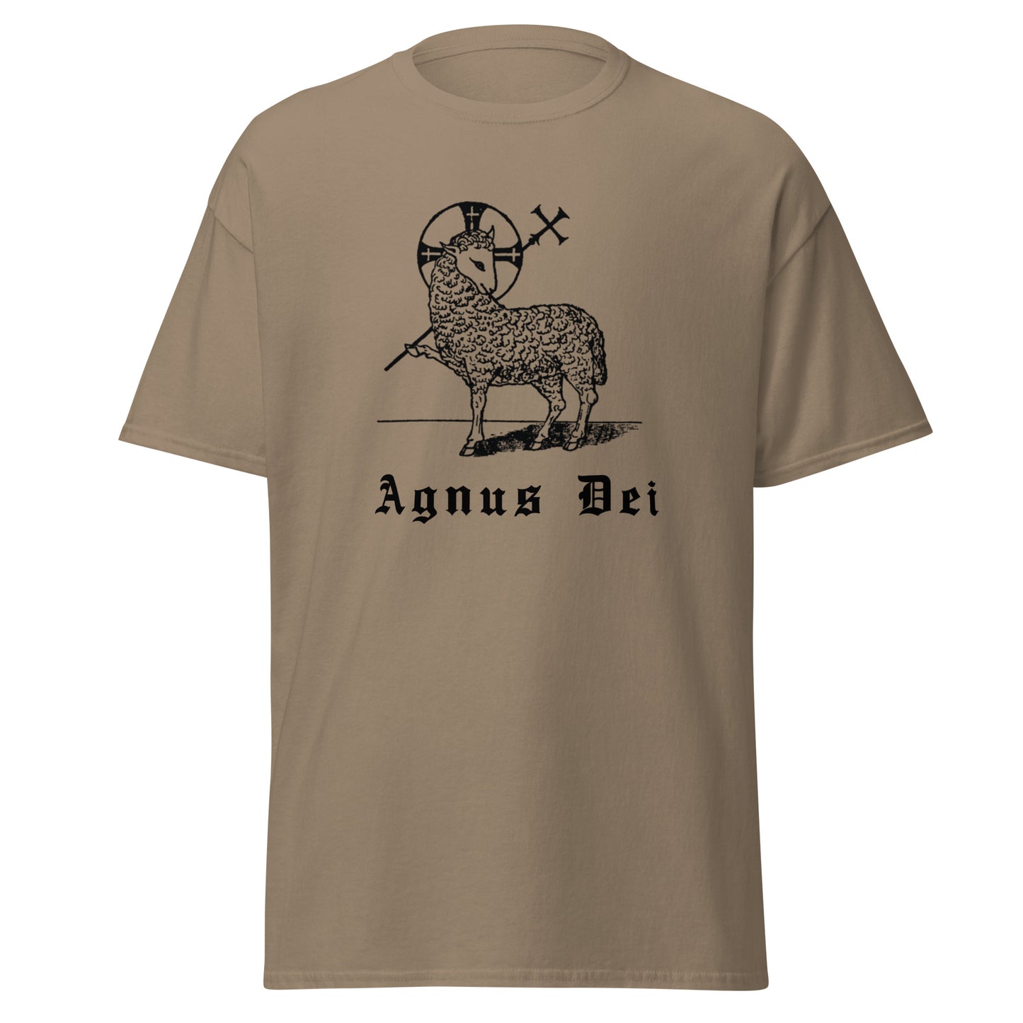 Brown classic tee front view with the Lamb of God and latin phrase agnus dei printed on chest