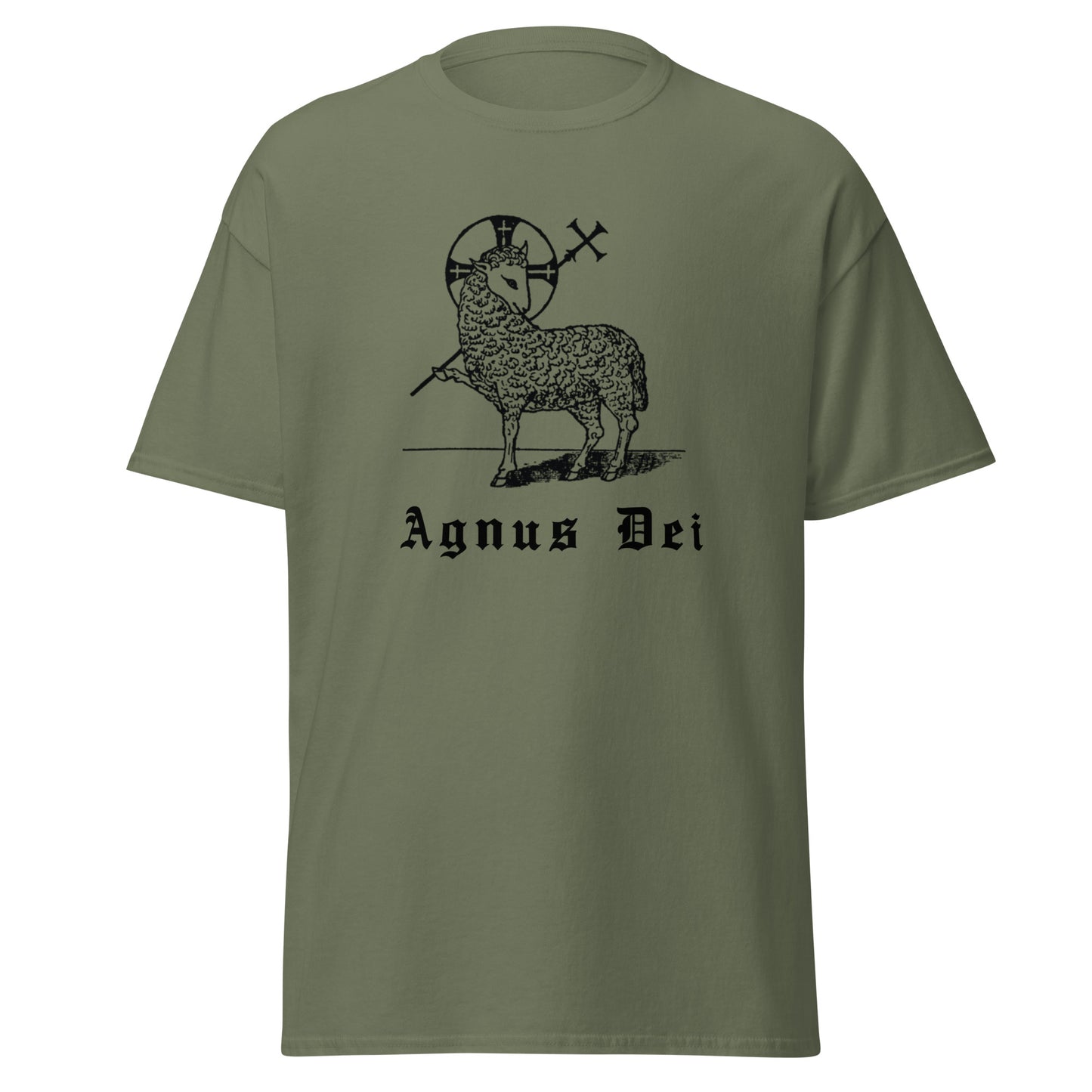 Green classic tee front view with the Lamb of God and latin phrase agnus dei printed on chest