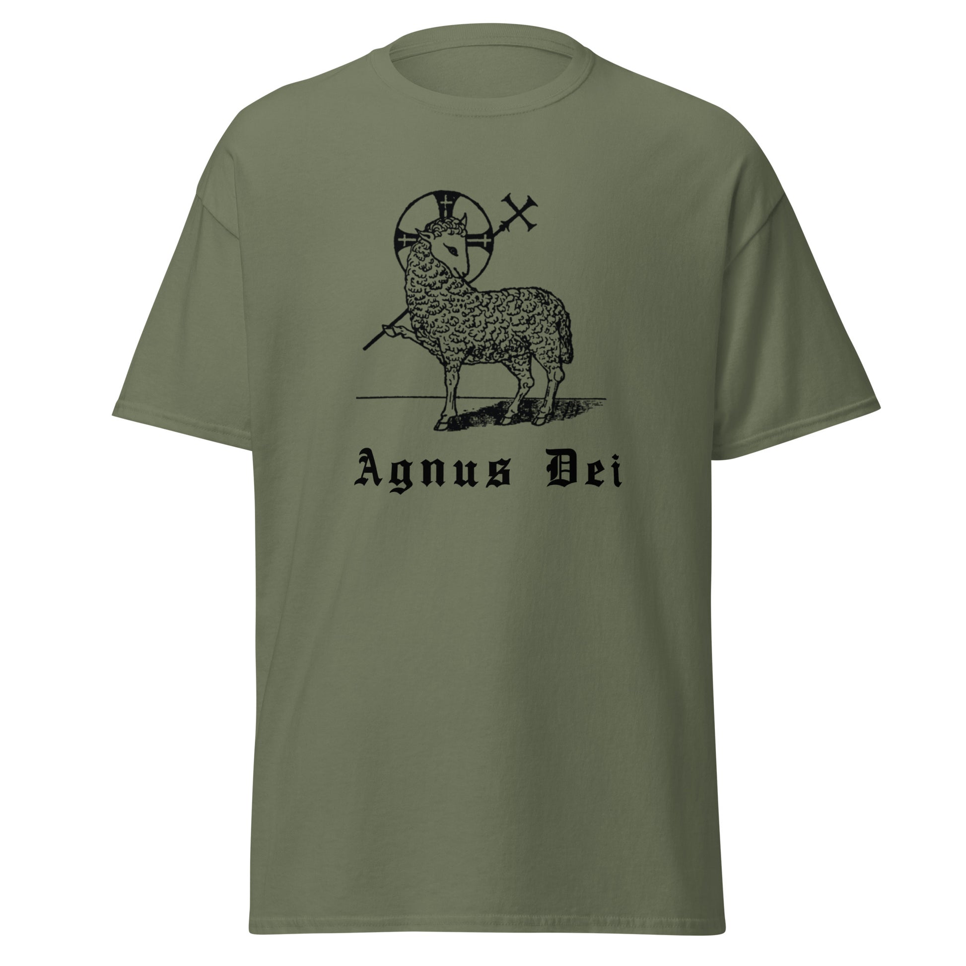 Green classic tee front view with the Lamb of God and latin phrase agnus dei printed on chest