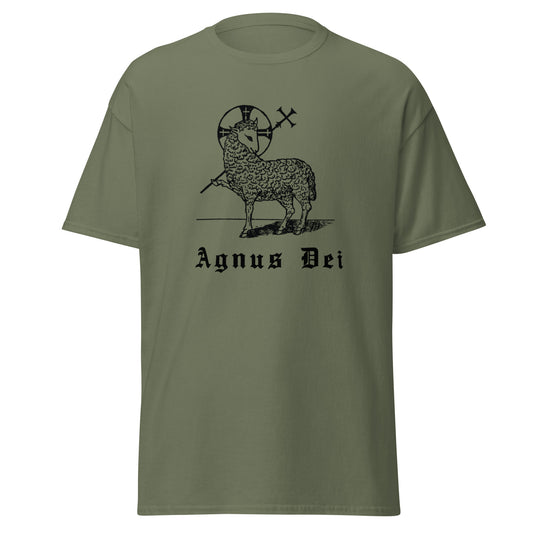Green classic tee front view with the Lamb of God and latin phrase agnus dei printed on chest