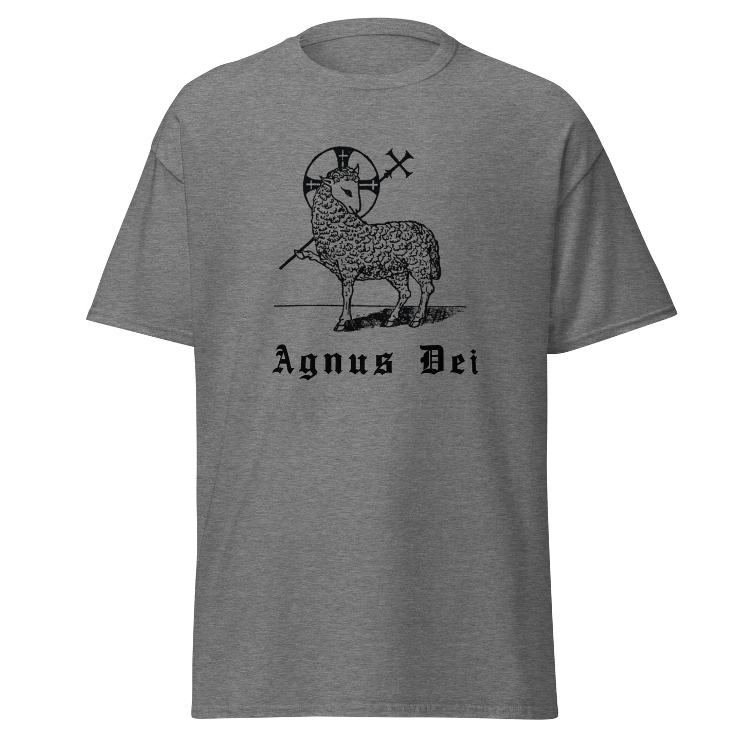 Grey classic tee front view with the Lamb of God and latin phrase agnus dei printed on chest