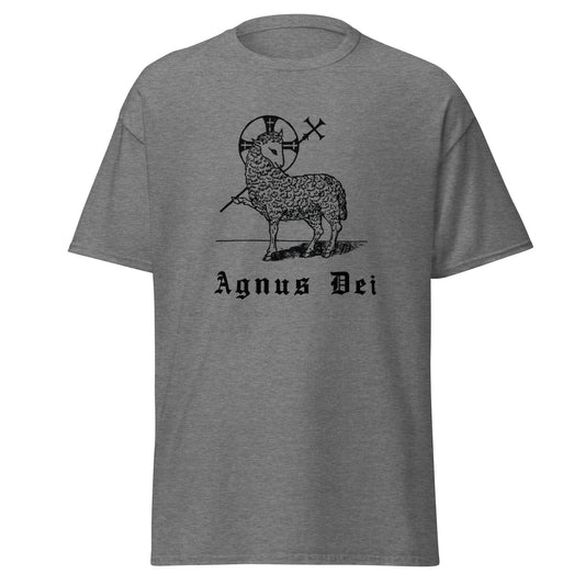 Grey classic tee front view with the Lamb of God and latin phrase agnus dei printed on chest