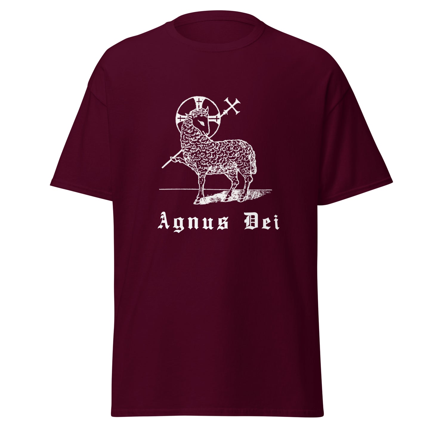 Maroon classic tee front view with the Lamb of God and latin phrase agnus dei printed on chest