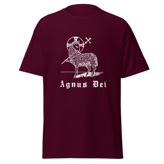 Maroon classic tee front view with the Lamb of God and latin phrase agnus dei printed on chest