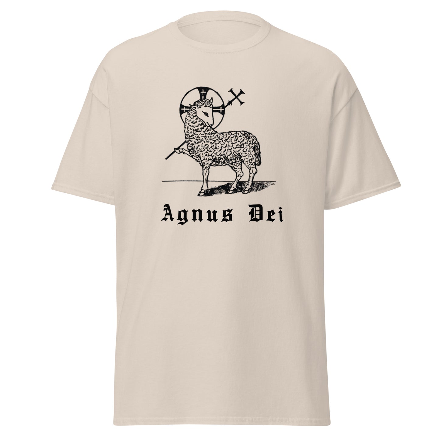 Off white classic tee front view with the Lamb of God and latin phrase agnus dei printed on chest