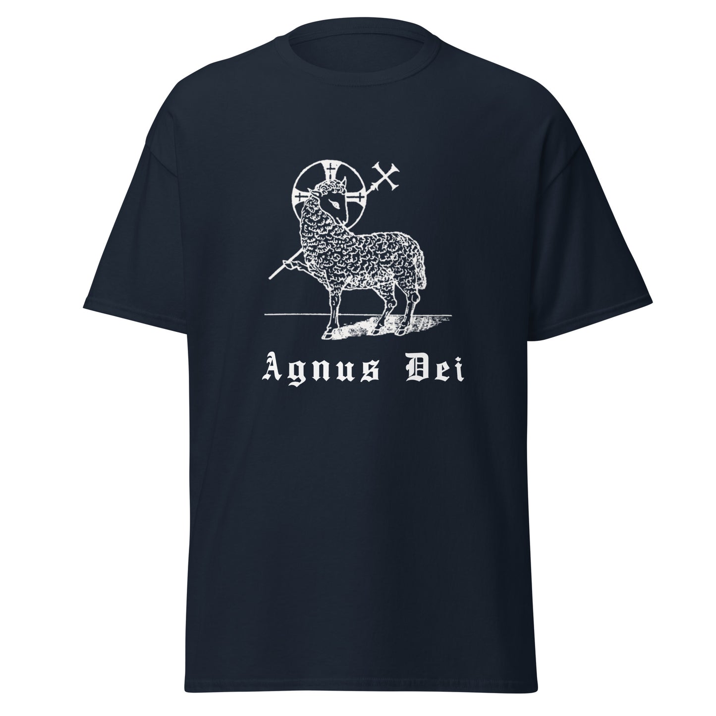 Navy classic tee front view with the Lamb of God and latin phrase agnus dei printed on chest