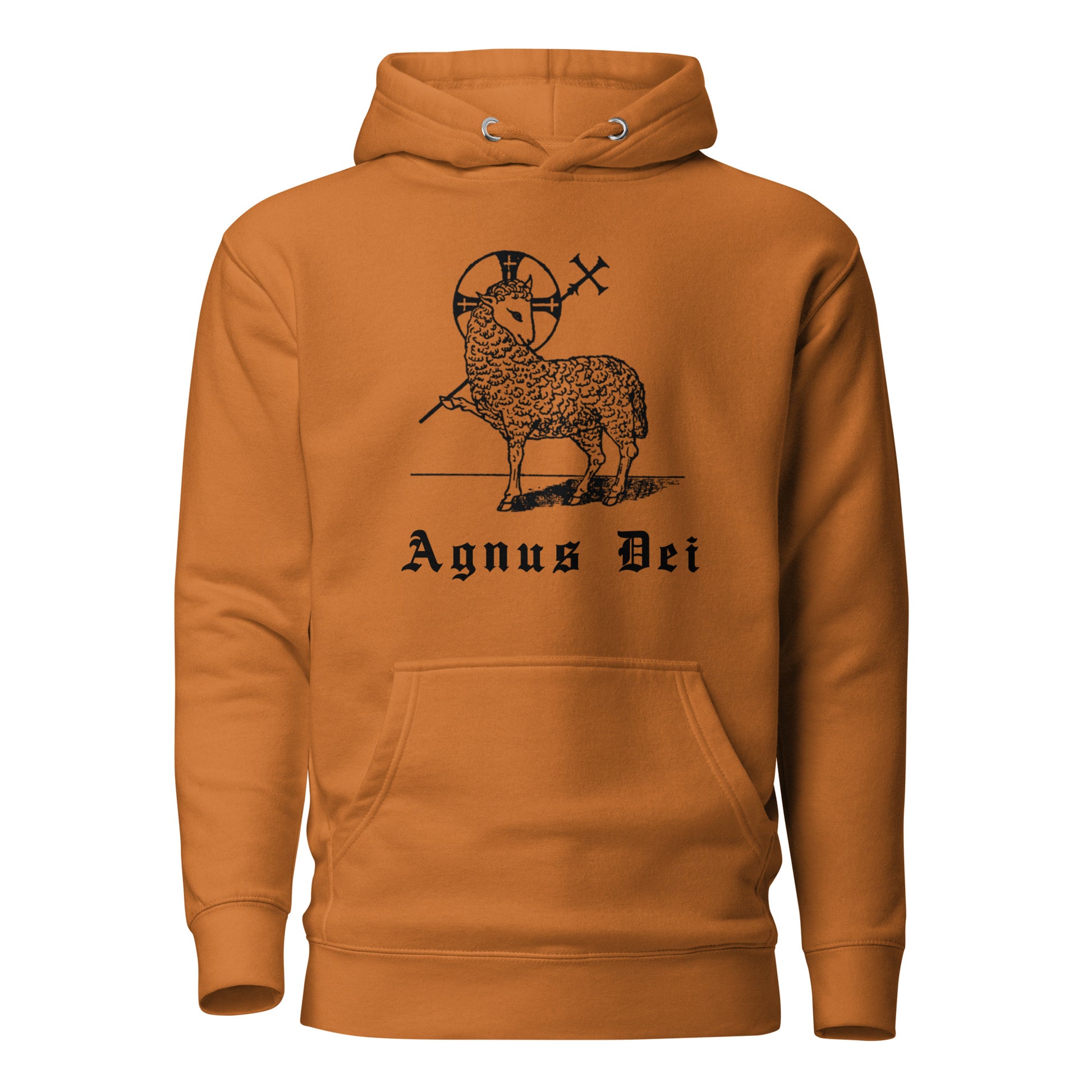 Orange hoodie front view with the Lamb of God and latin phrase agnus dei printed on chest
