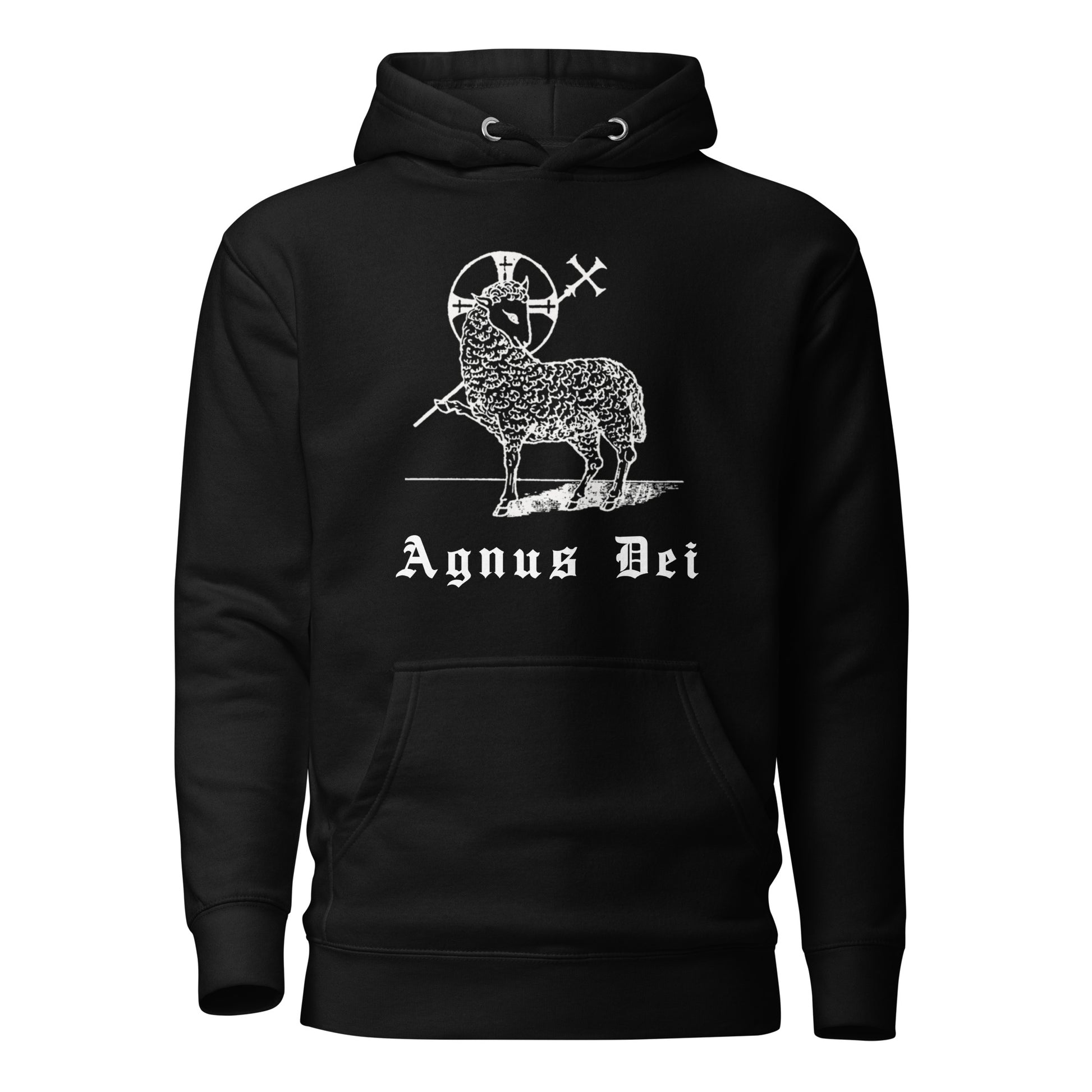 Black hoodie front view with the Lamb of God and latin phrase agnus dei printed on chest