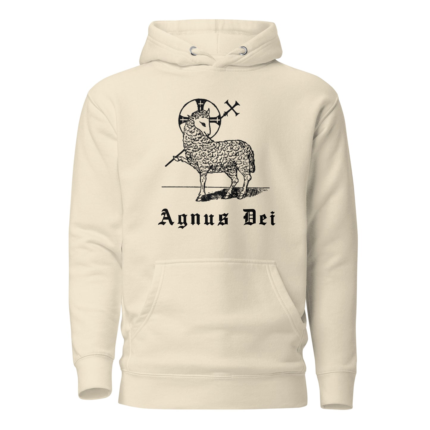 Off white hoodie front view with the Lamb of God and latin phrase agnus dei printed on chest